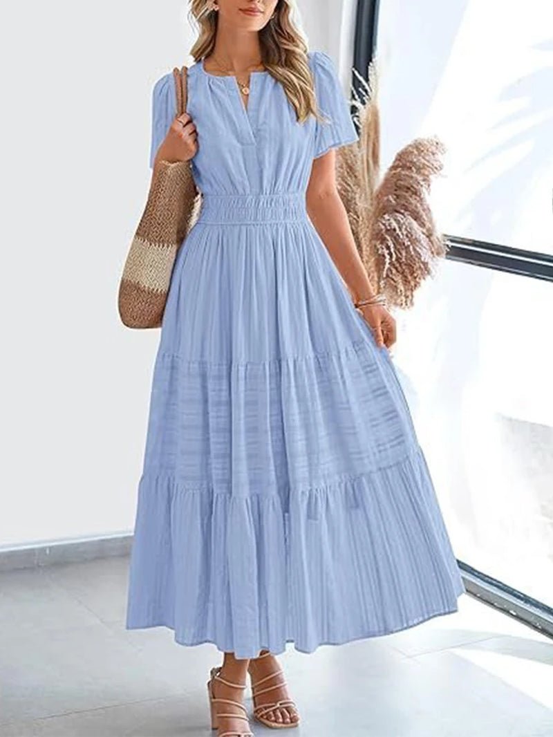 VivaSpring™ Layered Swing Dress – Women's V-Neck, Bubble Sleeves, and Big Swing Design for Effortless Style - Malachi Wallace boutique