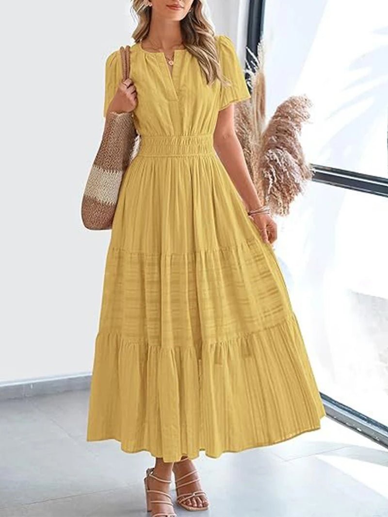 VivaSpring™ Layered Swing Dress – Women's V-Neck, Bubble Sleeves, and Big Swing Design for Effortless Style - Malachi Wallace boutique