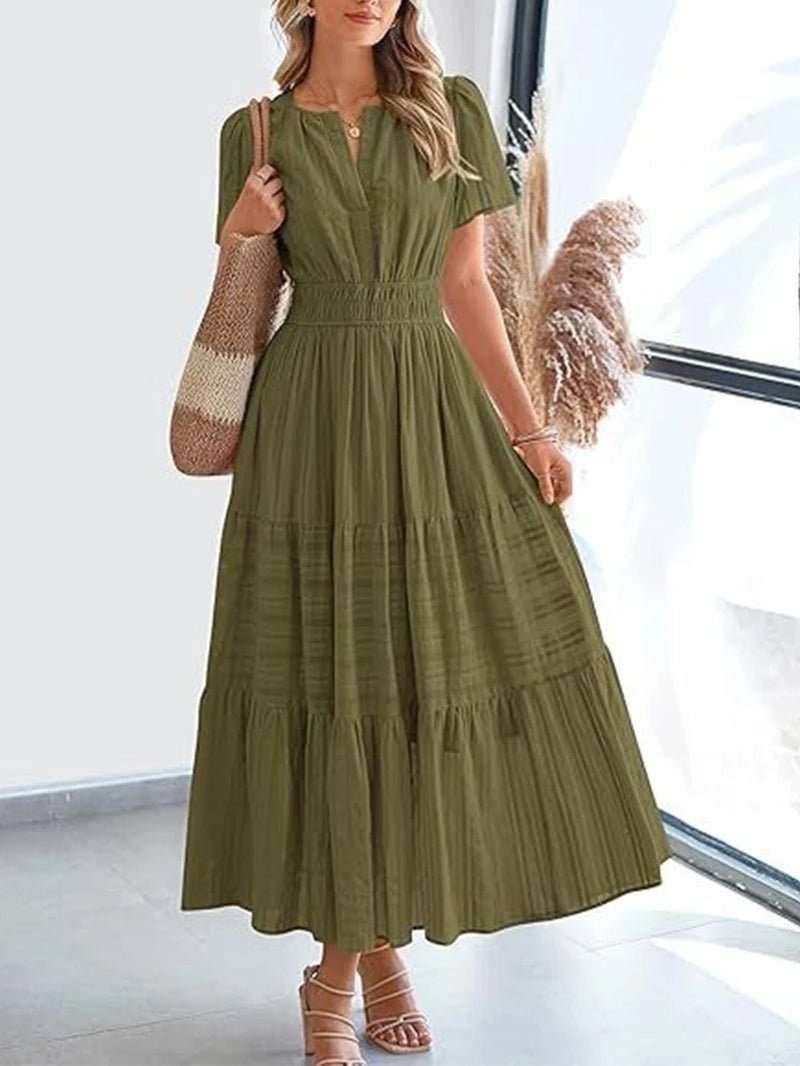 VivaSpring™ Layered Swing Dress – Women's V-Neck, Bubble Sleeves, and Big Swing Design for Effortless Style - Malachi Wallace boutique