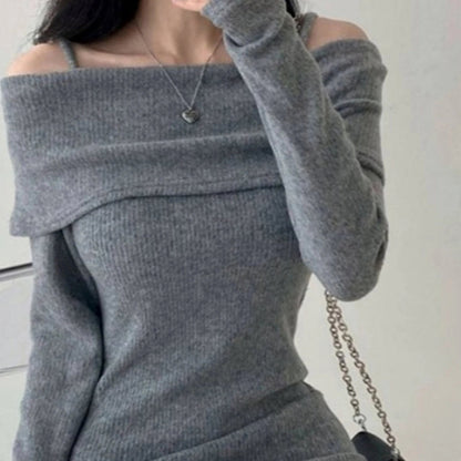 Womens Dresses Spring Fashion Cold Shoulder Lantern Sleeve Casual Plain Long Sleeve Daily Mini Knit Sweater Dress Woman Clothing - Malachi Wallace boutique