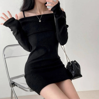 Womens Dresses Spring Fashion Cold Shoulder Lantern Sleeve Casual Plain Long Sleeve Daily Mini Knit Sweater Dress Woman Clothing - Malachi Wallace boutique