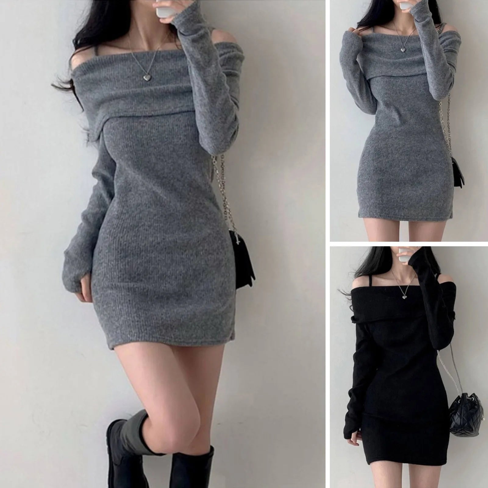 Womens Dresses Spring Fashion Cold Shoulder Lantern Sleeve Casual Plain Long Sleeve Daily Mini Knit Sweater Dress Woman Clothing - Malachi Wallace boutique