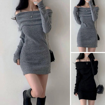 Womens Dresses Spring Fashion Cold Shoulder Lantern Sleeve Casual Plain Long Sleeve Daily Mini Knit Sweater Dress Woman Clothing - Malachi Wallace boutique