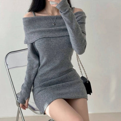 Womens Dresses Spring Fashion Cold Shoulder Lantern Sleeve Casual Plain Long Sleeve Daily Mini Knit Sweater Dress Woman Clothing - Malachi Wallace boutique