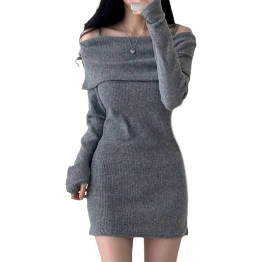 Womens Dresses Spring Fashion Cold Shoulder Lantern Sleeve Casual Plain Long Sleeve Daily Mini Knit Sweater Dress Woman Clothing - Malachi Wallace boutique