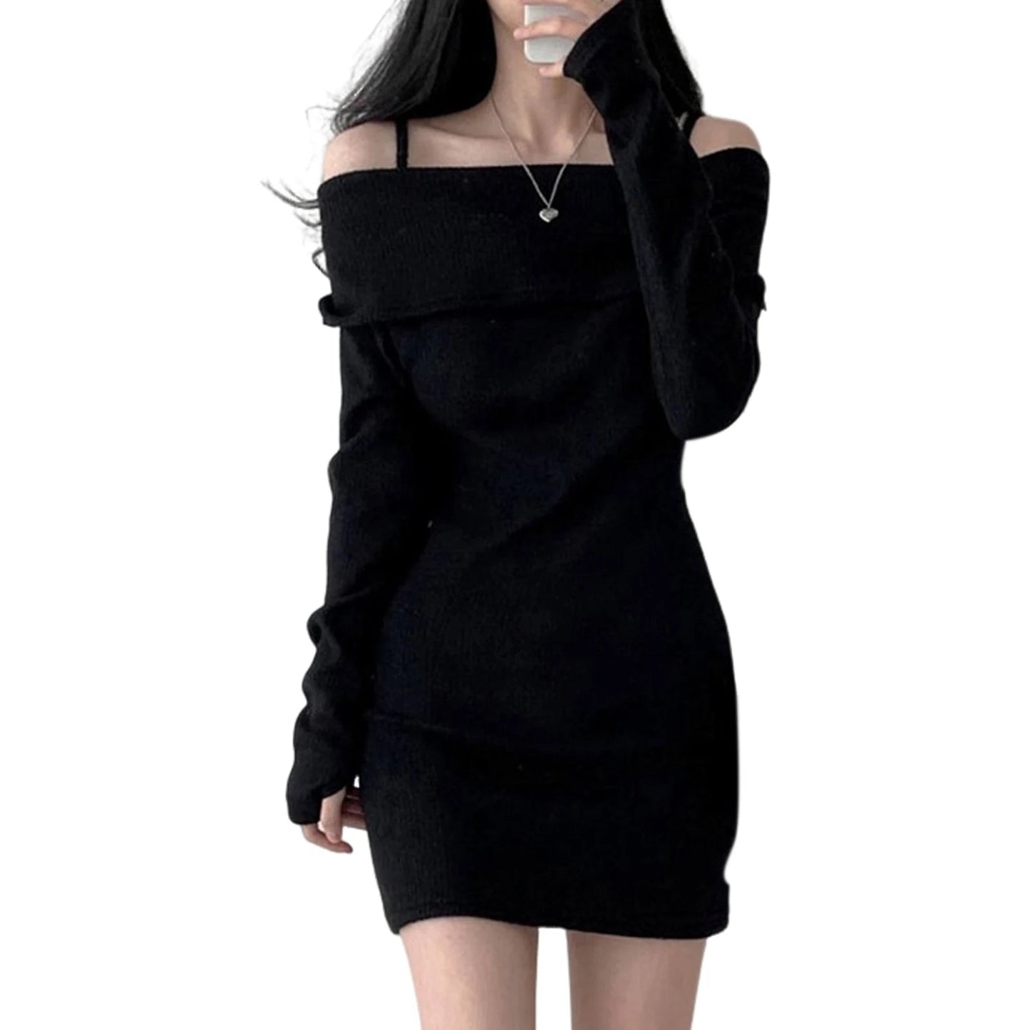 Womens Dresses Spring Fashion Cold Shoulder Lantern Sleeve Casual Plain Long Sleeve Daily Mini Knit Sweater Dress Woman Clothing - Malachi Wallace boutique
